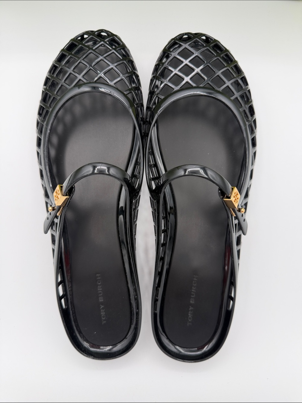 Tory Burch Black Mary Jane Jelly Cutout Flats with Gold Logo Accent